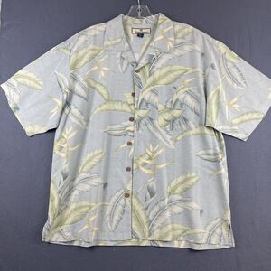 Tommy Bahama Blue Green Tropical Leaf Print Washable Silk Button Hawaiian Shirt